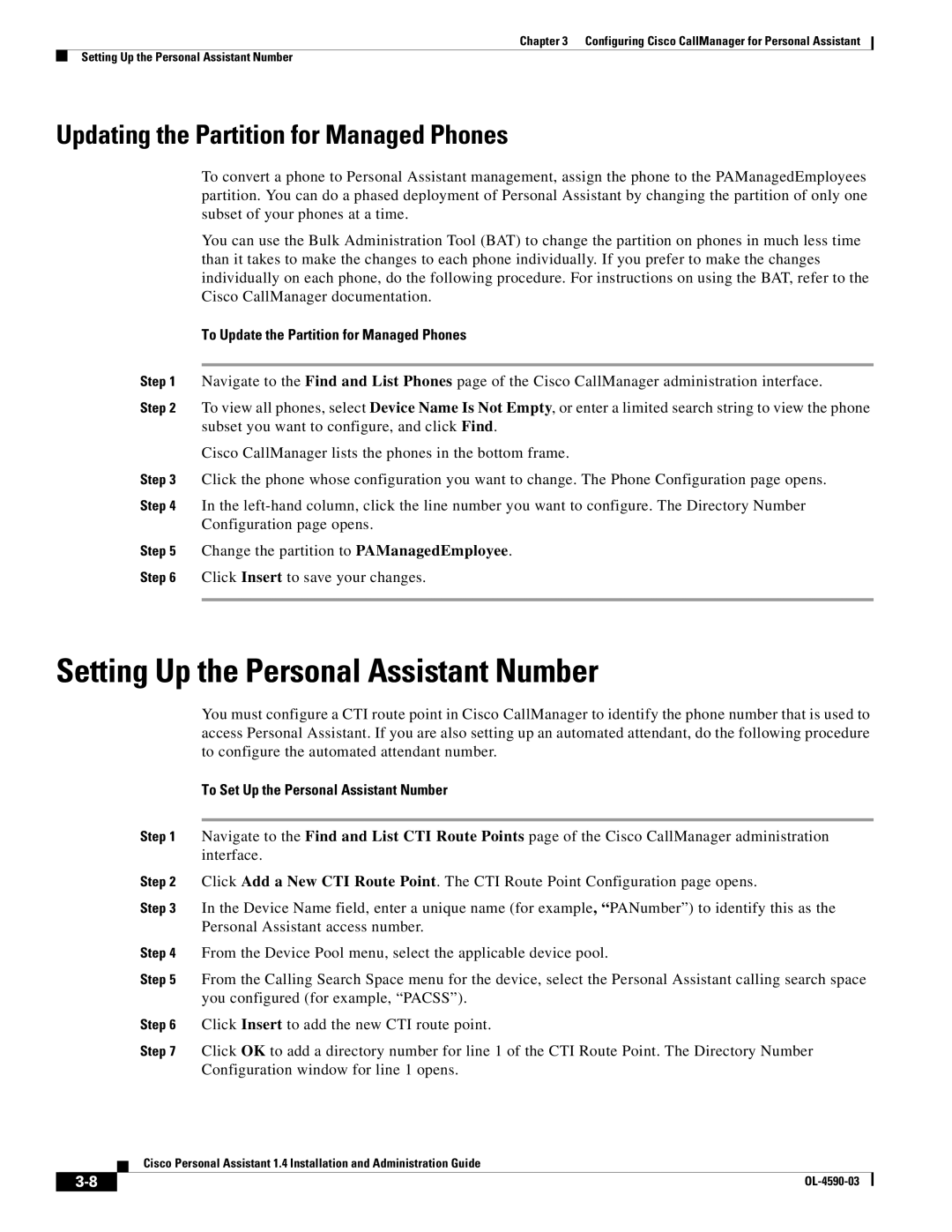 Cisco Systems 1.4 manual Setting Up the Personal Assistant Number, Updating the Partition for Managed Phones 