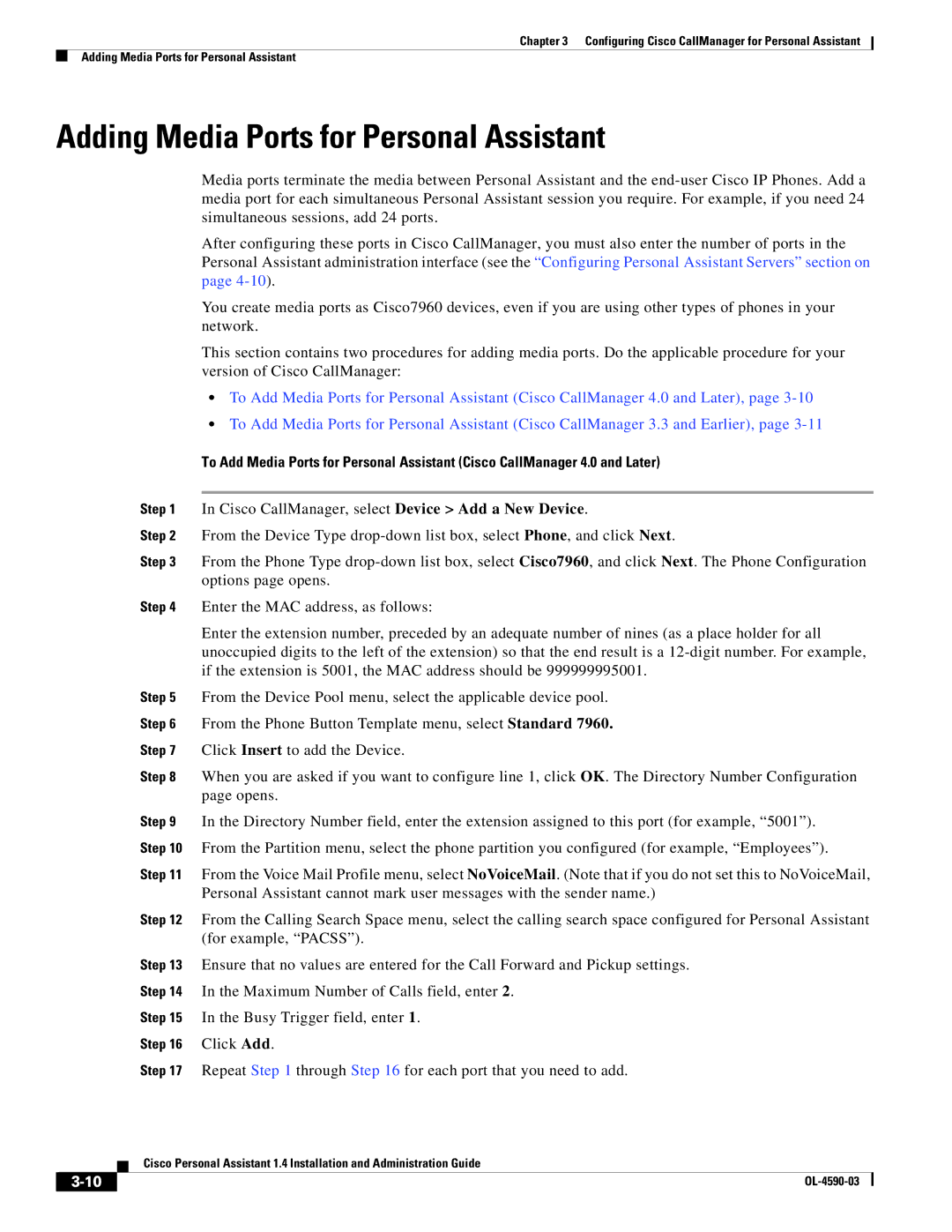 Cisco Systems 1.4 manual Adding Media Ports for Personal Assistant, Repeat through for each port that you need to add 