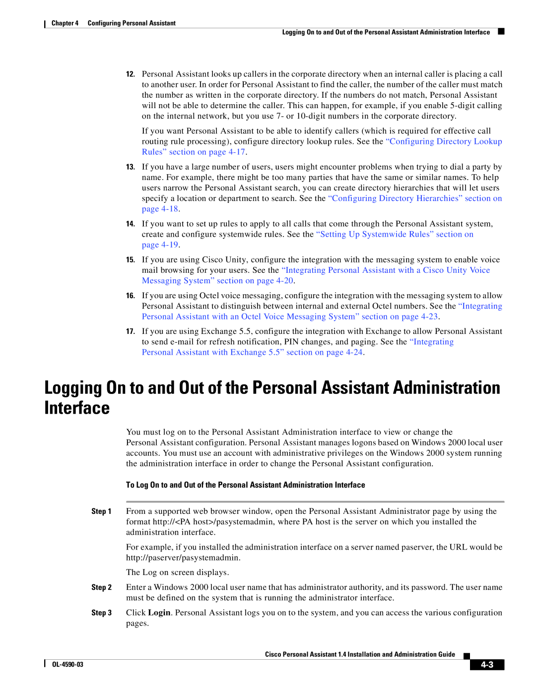 Cisco Systems 1.4 manual Personal Assistant with Exchange 5.5 section on 