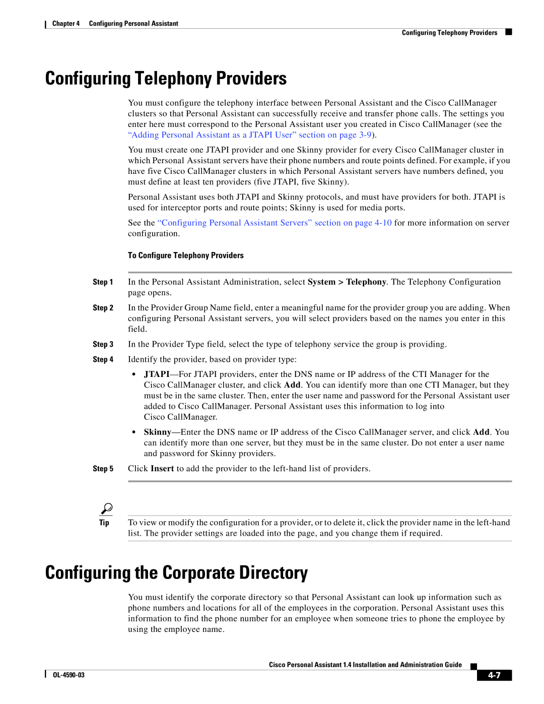 Cisco Systems 1.4 Configuring Telephony Providers, Configuring the Corporate Directory, To Configure Telephony Providers 