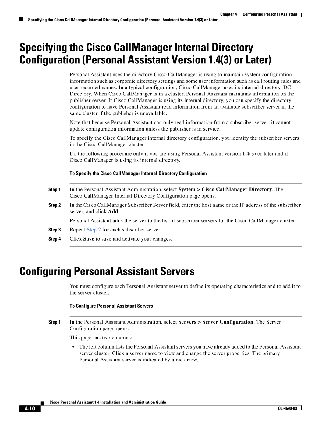 Cisco Systems 1.4 manual Configuring Personal Assistant Servers, To Configure Personal Assistant Servers 