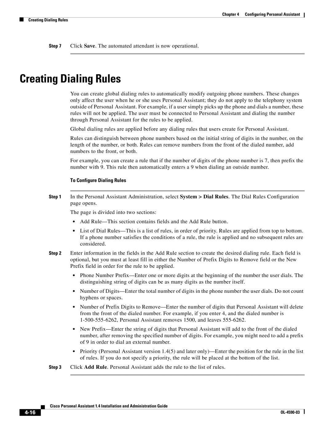 Cisco Systems 1.4 manual Creating Dialing Rules, To Configure Dialing Rules 