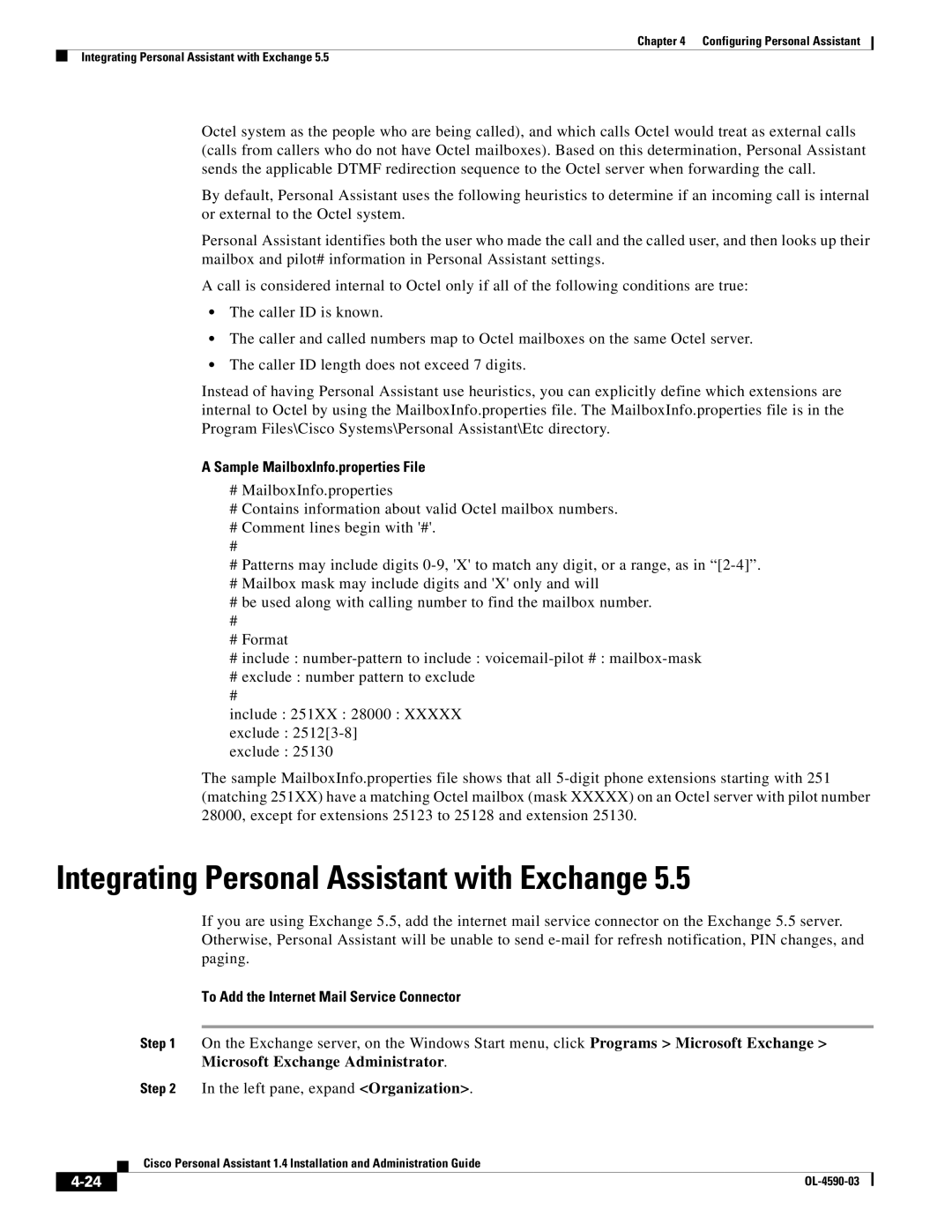 Cisco Systems 1.4 manual Integrating Personal Assistant with Exchange, Sample MailboxInfo.properties File 