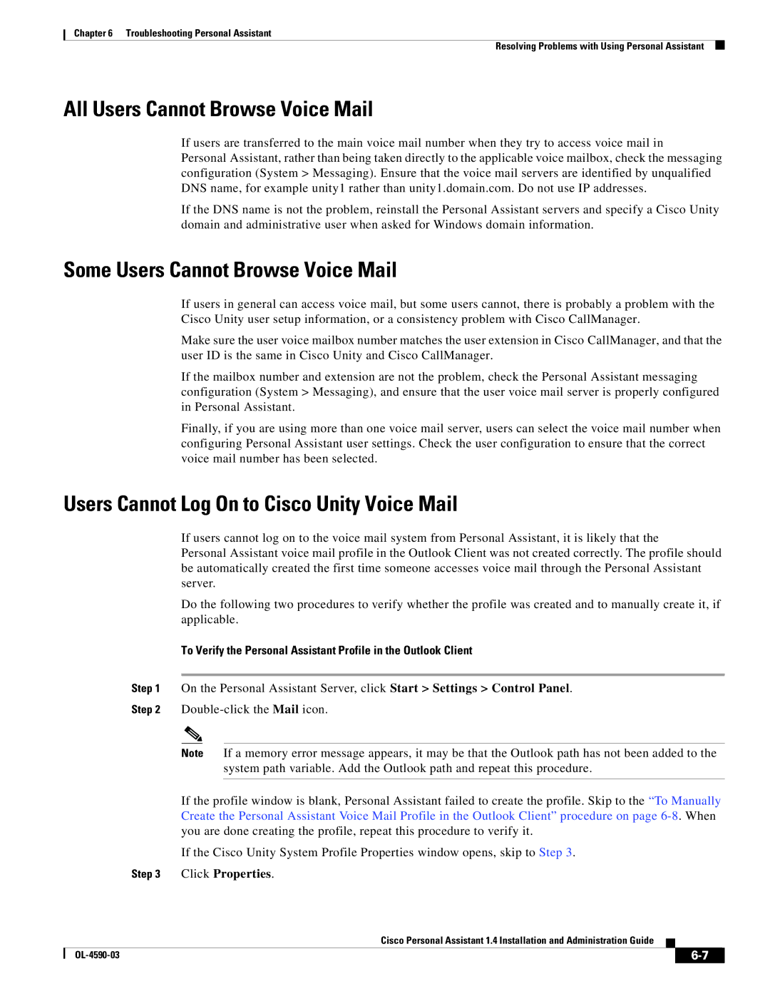 Cisco Systems 1.4 manual All Users Cannot Browse Voice Mail, Some Users Cannot Browse Voice Mail 