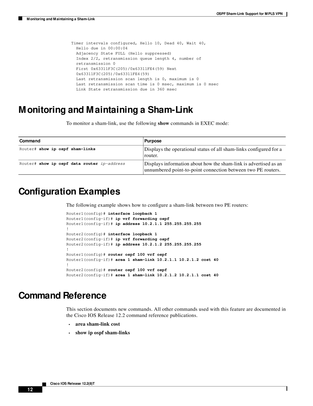 Cisco Systems 1400 series, 1600R manual Monitoring and Maintaining a Sham-Link, Configuration Examples, Command Reference 