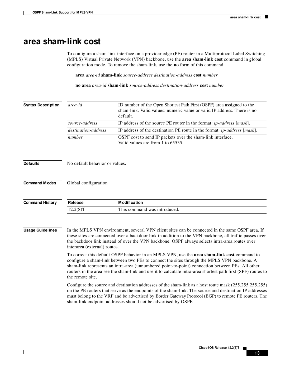 Cisco Systems 1600R, 1400 series manual Area sham-link cost, Command Modes Command History 