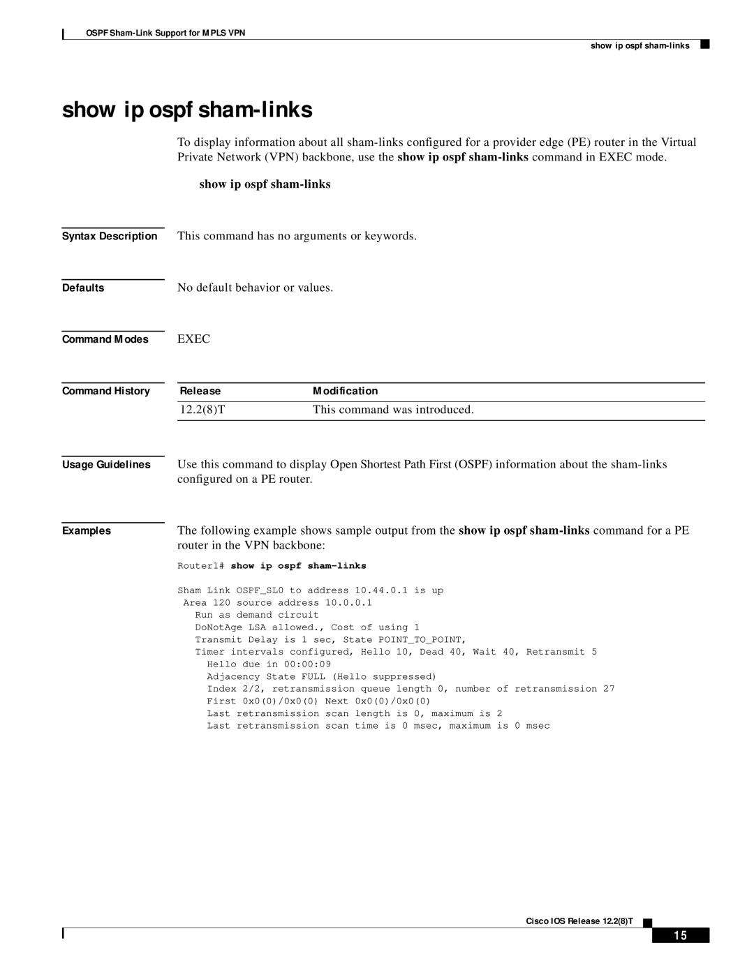 Cisco Systems 1400 series, 1600R Show ip ospf sham-links, Defaults, Usage Guidelines, Router1# show ip ospf sham-links 