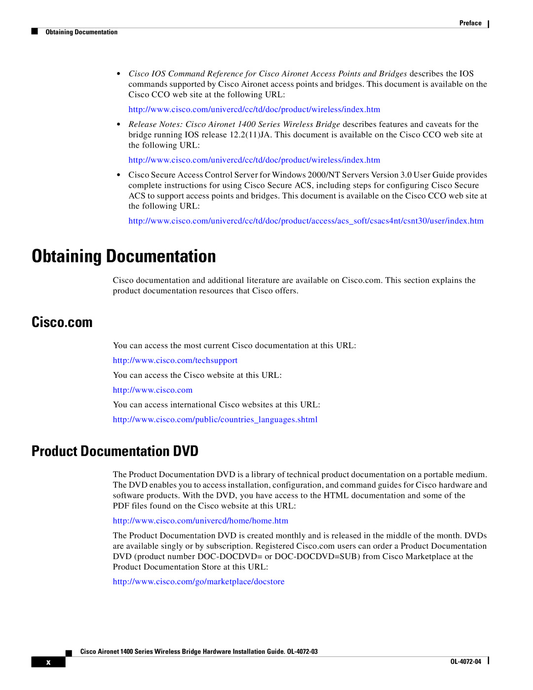 Cisco Systems 1400 manual Obtaining Documentation, Cisco.com, Product Documentation DVD 