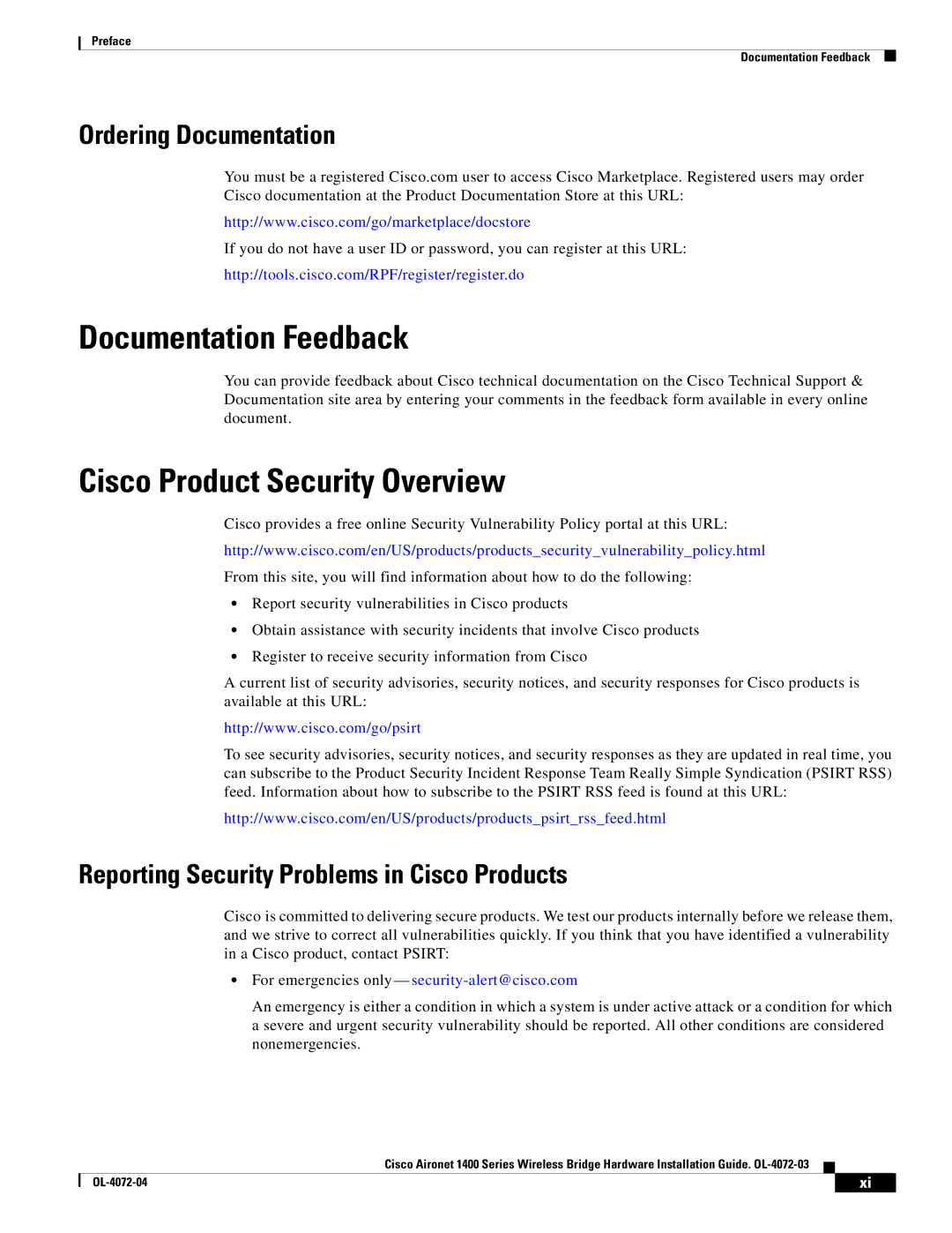 Cisco Systems 1400 manual Documentation Feedback, Cisco Product Security Overview, Ordering Documentation 