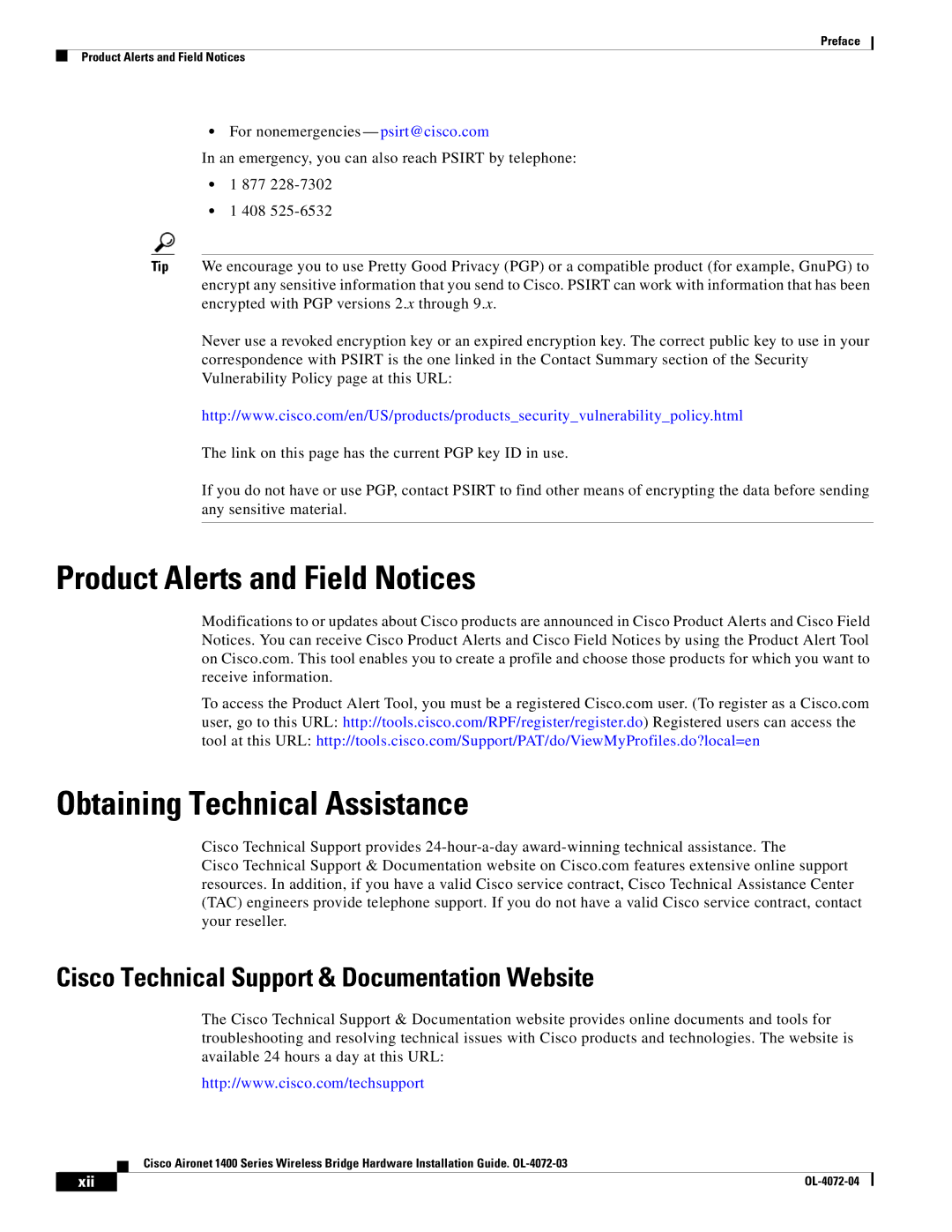 Cisco Systems 1400 manual Product Alerts and Field Notices, Obtaining Technical Assistance, Xii 