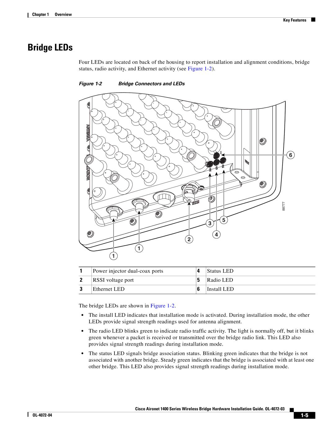 Cisco Systems 1400 manual Bridge LEDs, Bridge Connectors and LEDs 