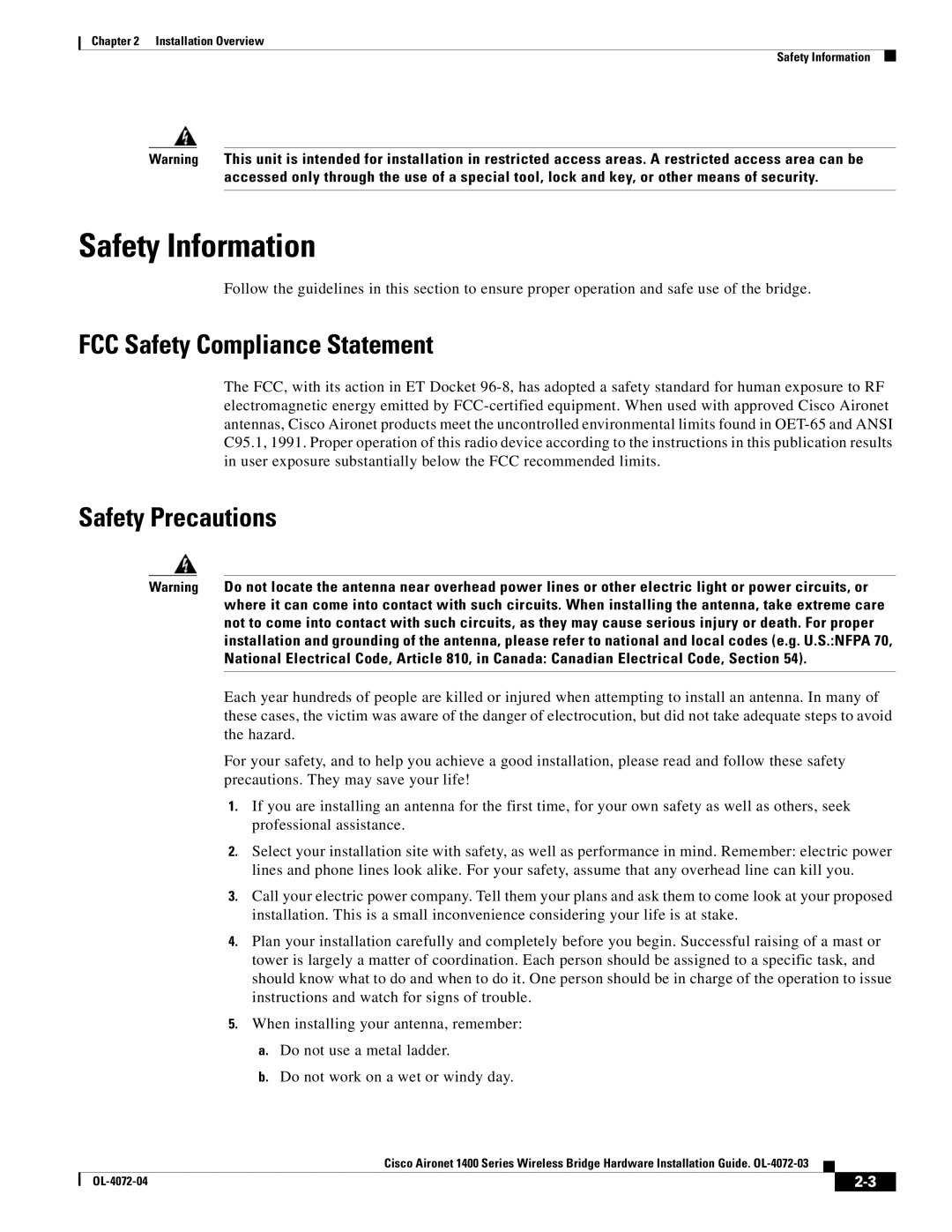 Cisco Systems 1400 manual Safety Information, FCC Safety Compliance Statement, Safety Precautions 