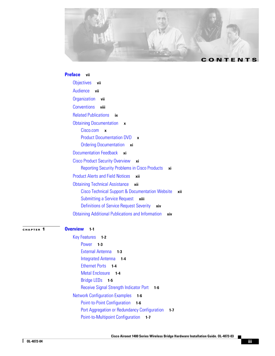 Cisco Systems 1400 manual N T E N T S, Iii 