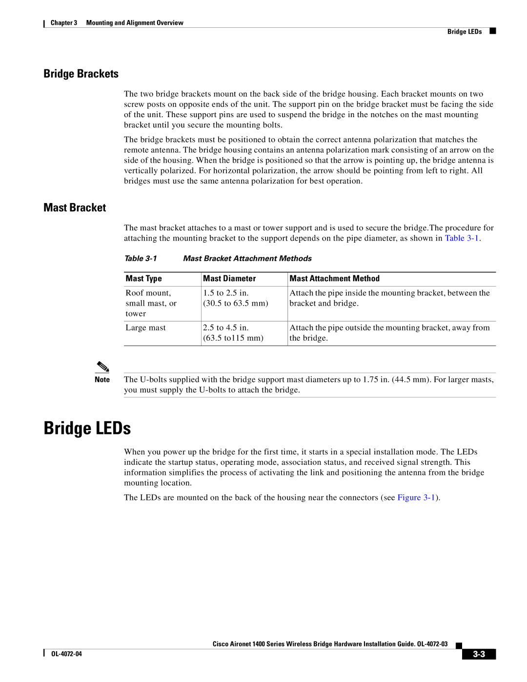 Cisco Systems 1400 manual Bridge LEDs, Mast Type Mast Diameter Mast Attachment Method 