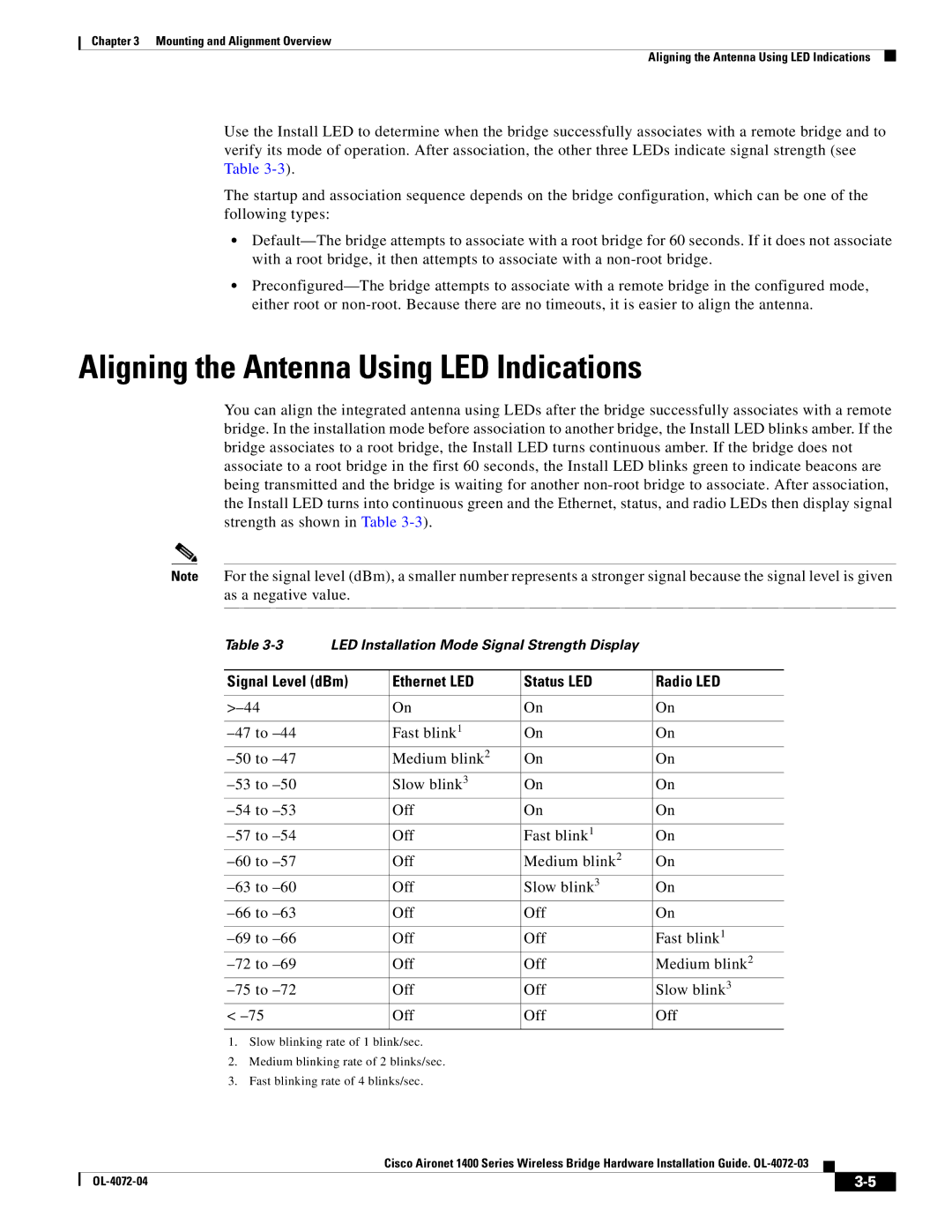 Cisco Systems 1400 manual Aligning the Antenna Using LED Indications, Signal Level dBm Ethernet LED Status LED Radio LED 