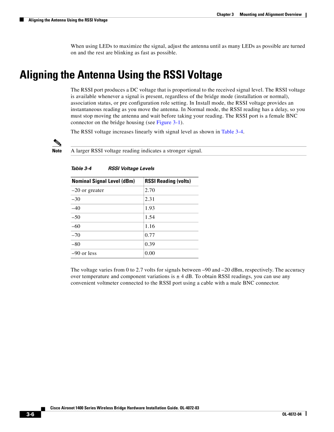 Cisco Systems 1400 manual Aligning the Antenna Using the Rssi Voltage, Rssi Reading volts 