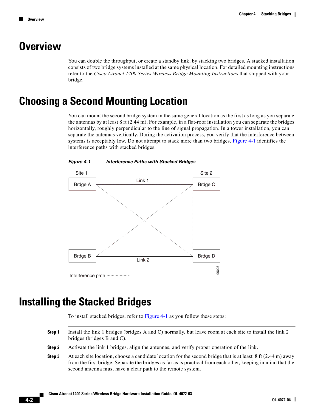 Cisco Systems 1400 manual Overview, Choosing a Second Mounting Location, Installing the Stacked Bridges 