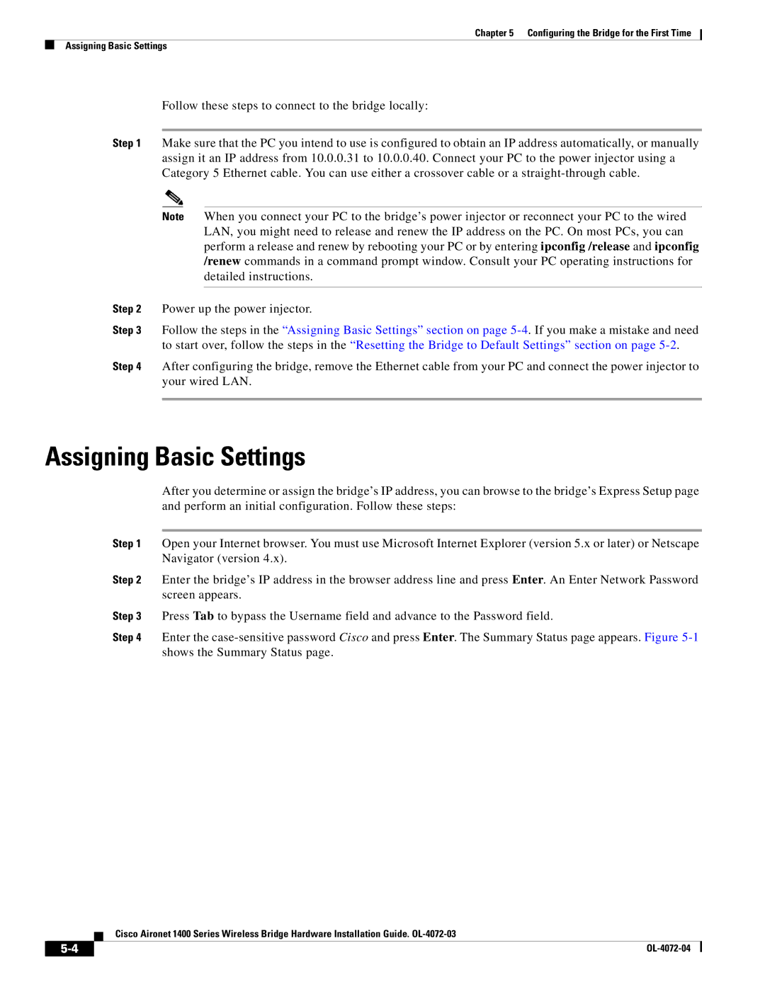 Cisco Systems 1400 manual Assigning Basic Settings 