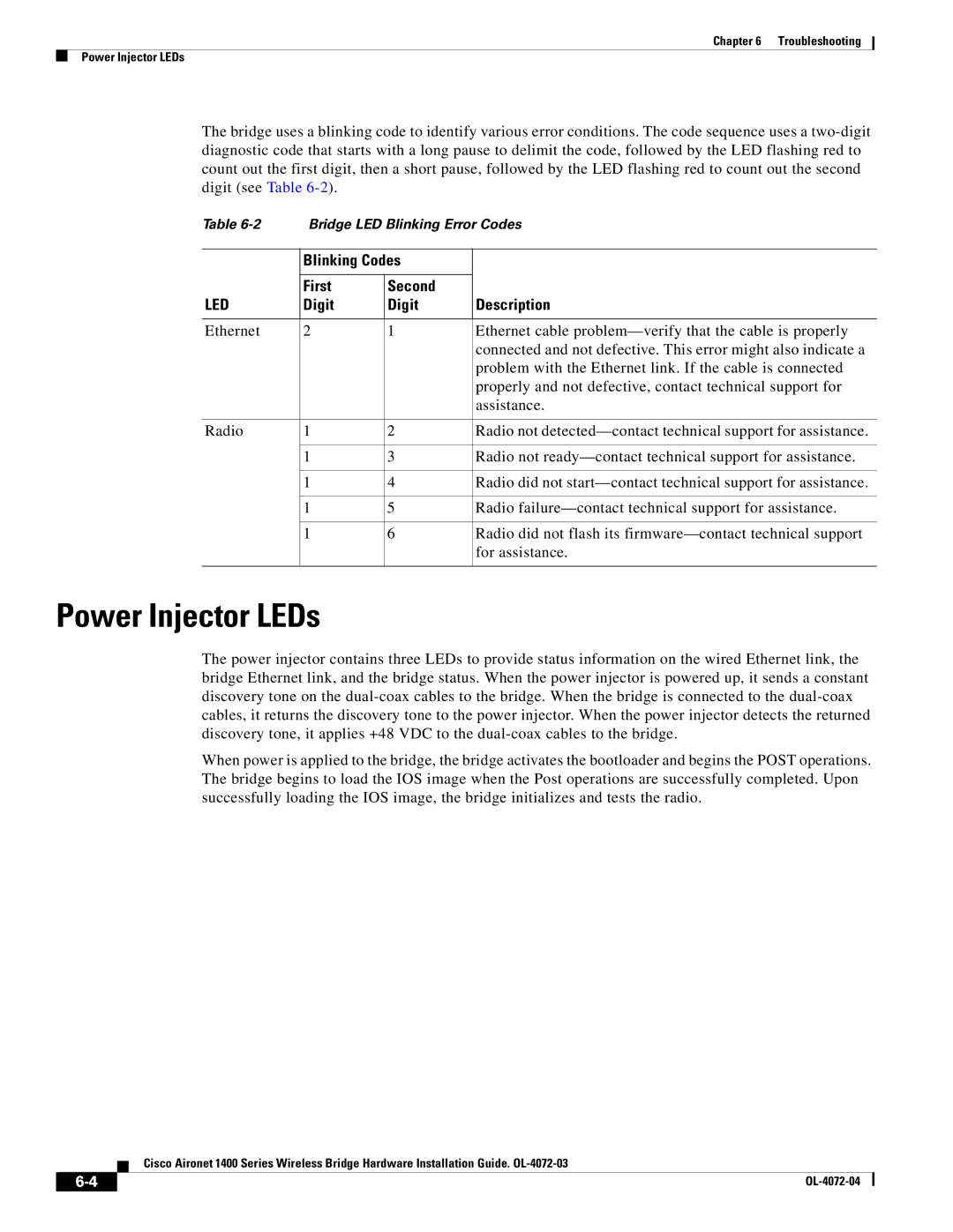 Cisco Systems 1400 manual Power Injector LEDs, Blinking Codes First Second, Digit Description 