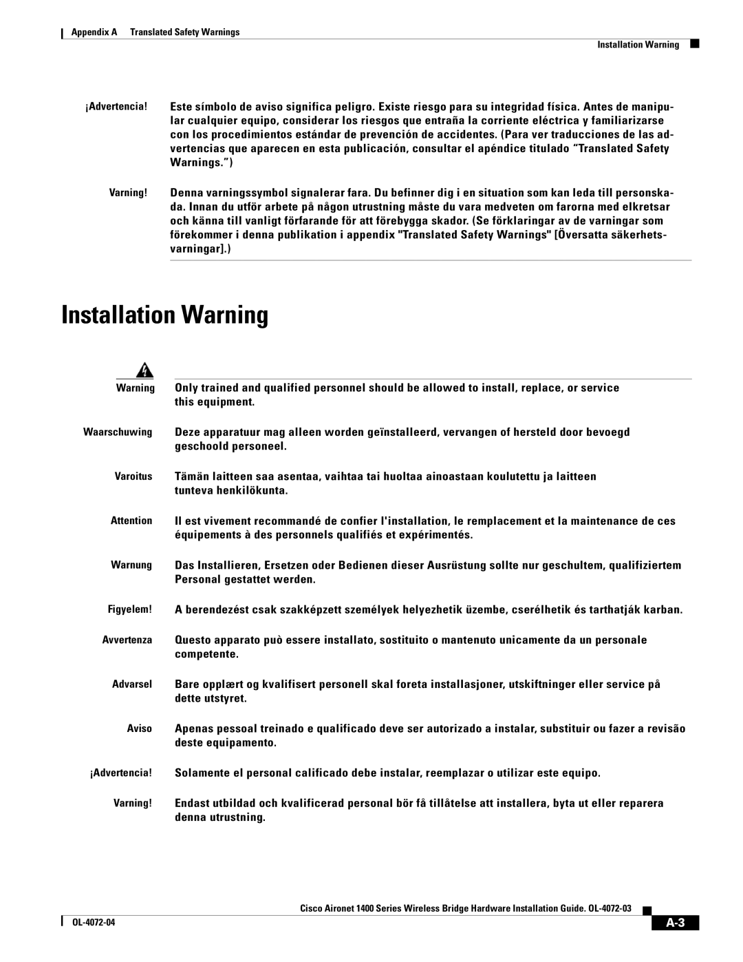 Cisco Systems 1400 manual Installation Warning 