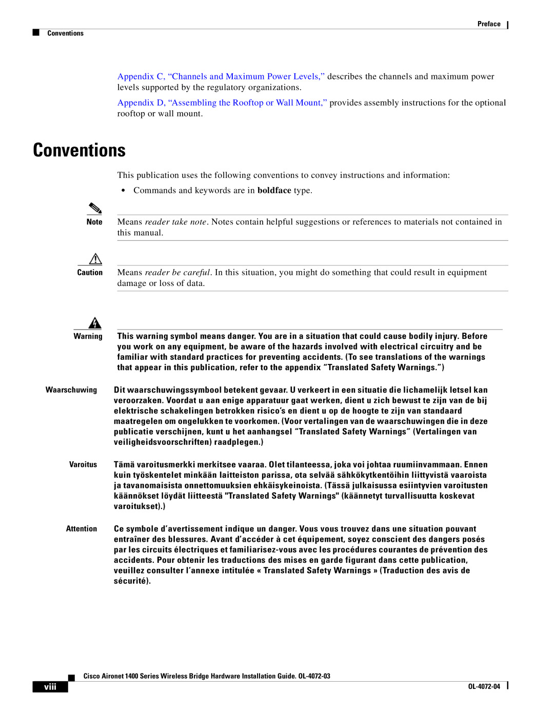 Cisco Systems 1400 manual Conventions, Viii 