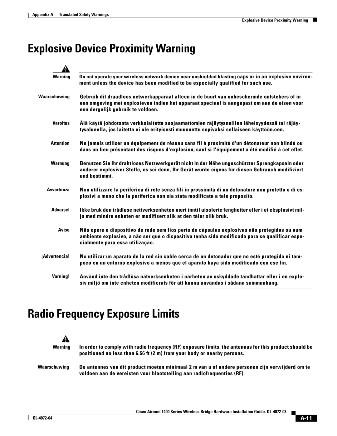 Cisco Systems 1400 Explosive Device Proximity Warning, Radio Frequency Exposure Limits, Een dergelijk gebruik te voldoen 