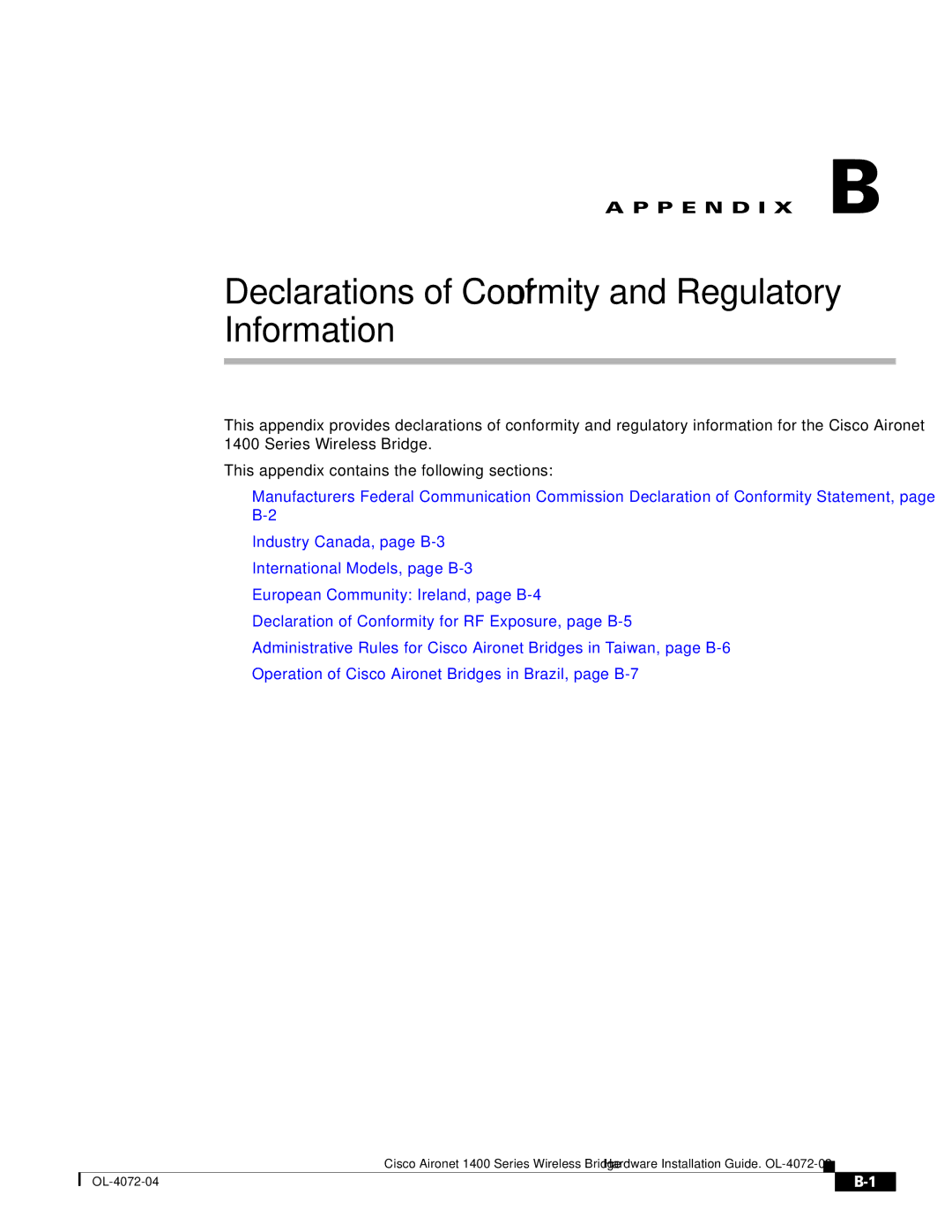 Cisco Systems 1400 manual Declarations of Conformity and Regulatory Information 