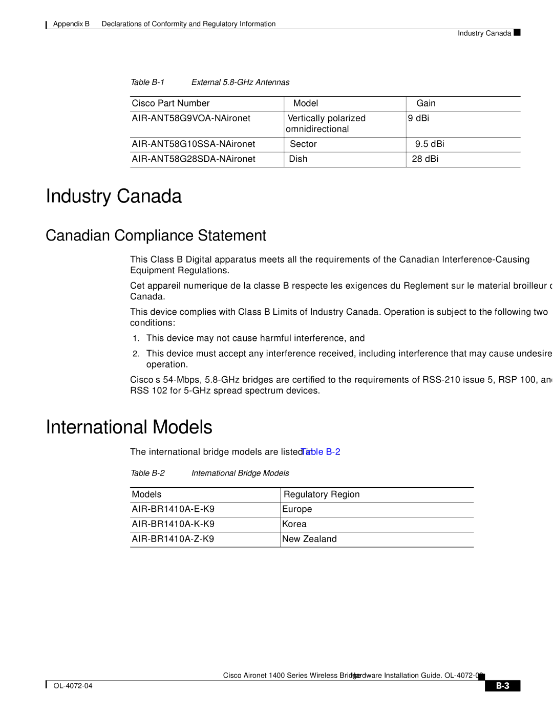 Cisco Systems 1400 Industry Canada, International Models, Canadian Compliance Statement, Cisco Part Number Model Gain 