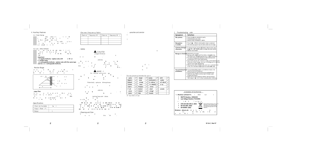 Cisco Systems 150 owner manual Auxiliary Features, Effective Range, Channel Frequency Table, Safety, Guarantee and service 