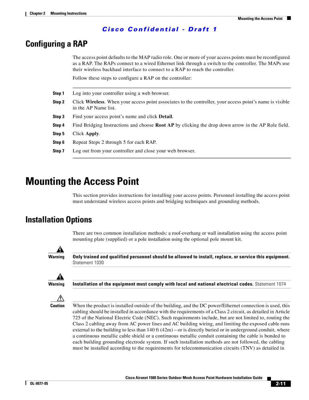 Cisco Systems 1500 Series manual Mounting the Access Point, Configuring a RAP, Installation Options 