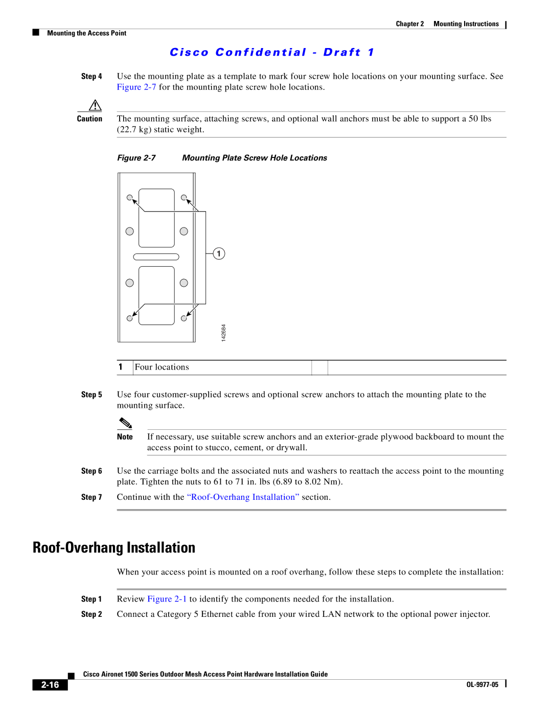 Cisco Systems 1500 Series manual Roof-Overhang Installation, Mounting Plate Screw Hole Locations 