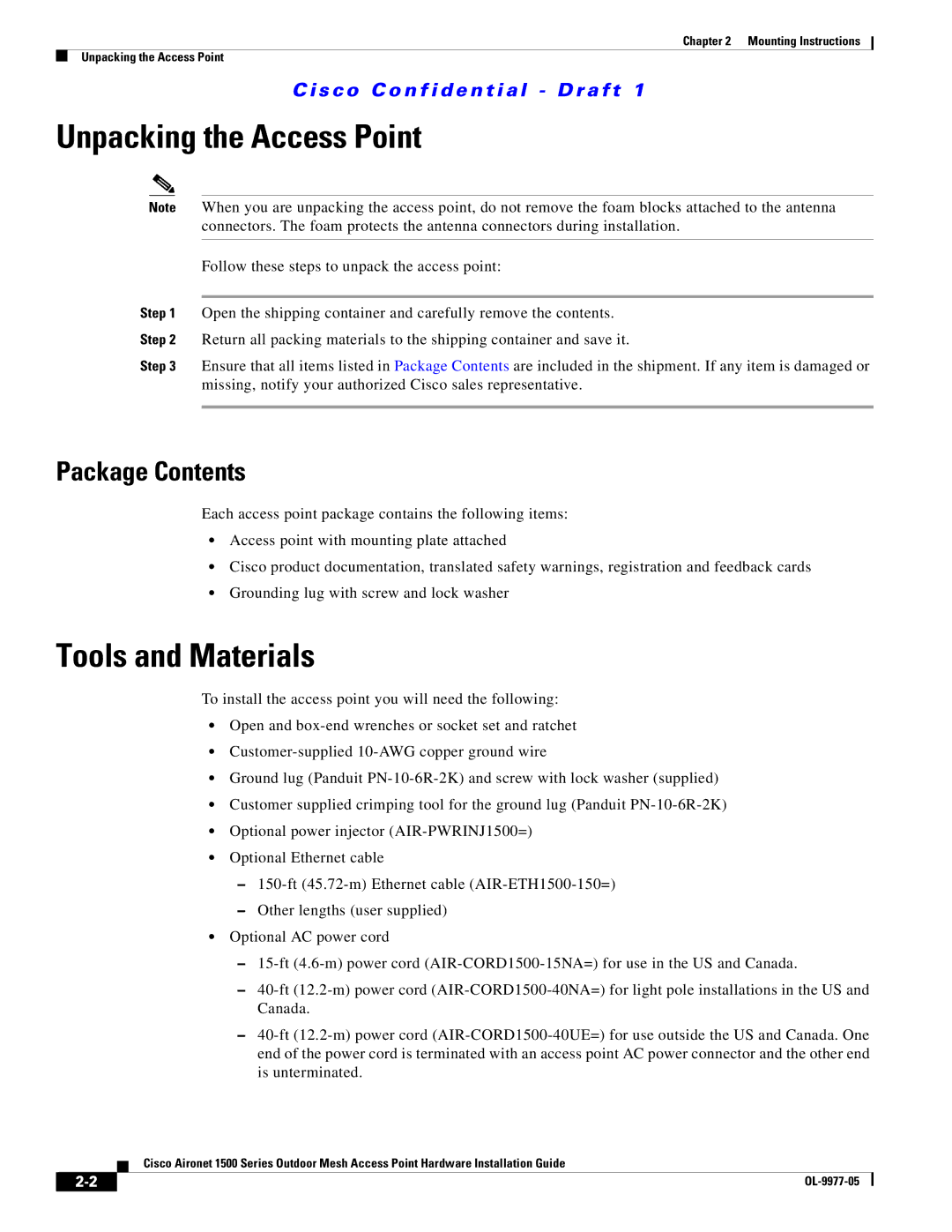 Cisco Systems 1500 Series manual Unpacking the Access Point, Tools and Materials, Package Contents 