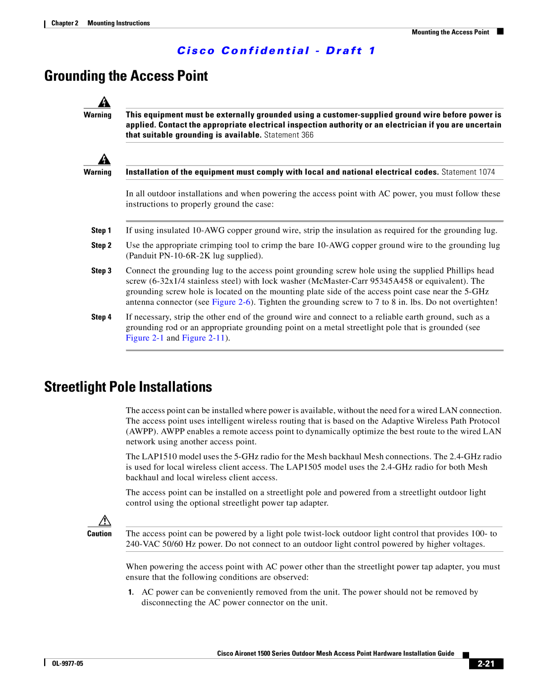 Cisco Systems 1500 Series manual Grounding the Access Point, Streetlight Pole Installations 