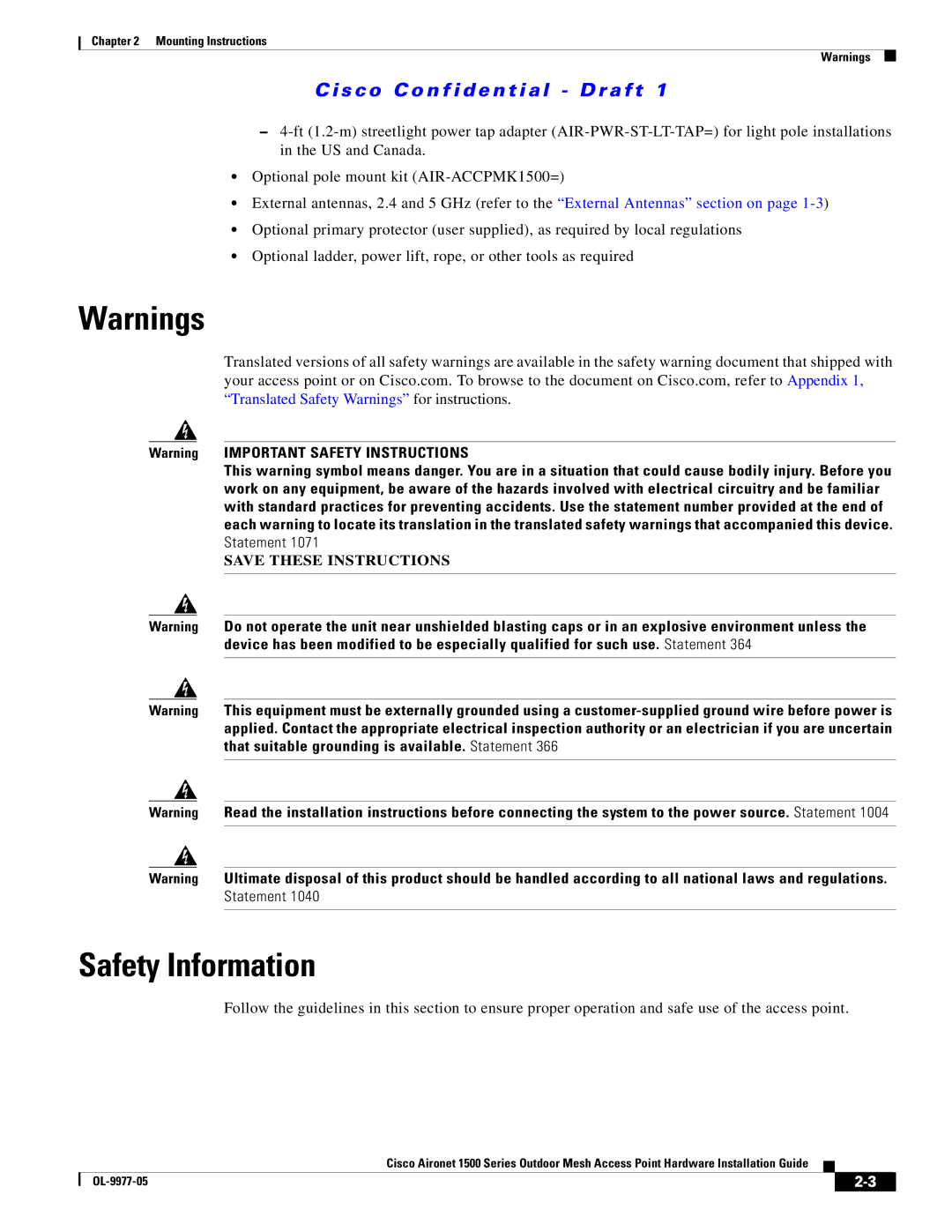 Cisco Systems 1500 Series manual Safety Information 