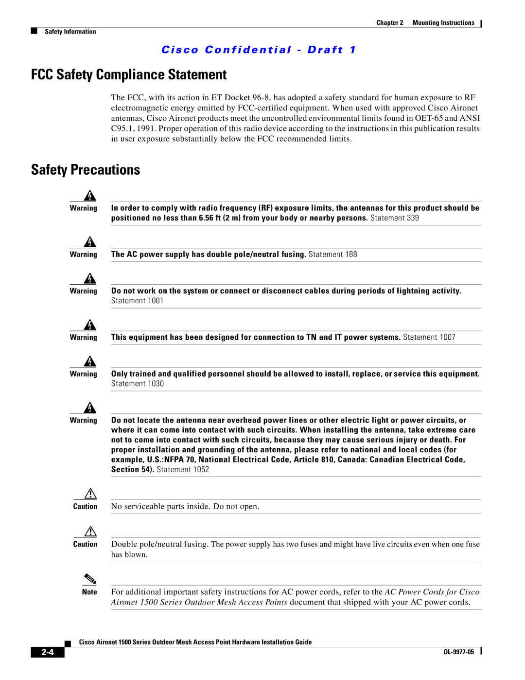 Cisco Systems 1500 Series manual FCC Safety Compliance Statement, Safety Precautions 