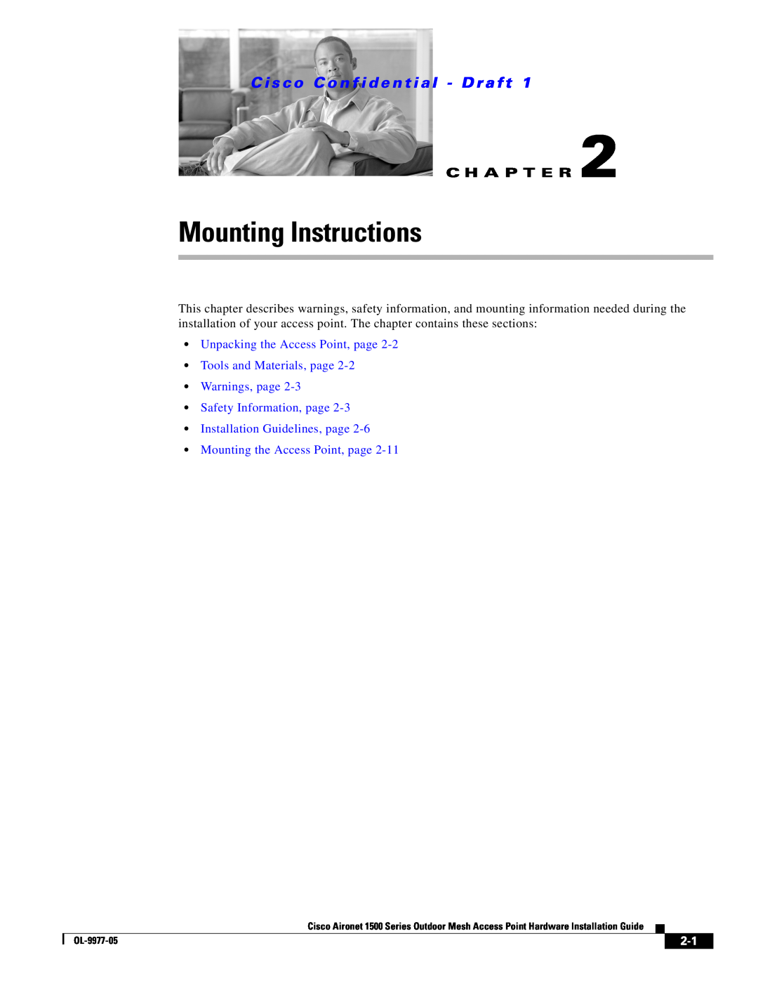 Cisco Systems 1500 Series manual C i s c o C o n f i d e n t i a l - D r a ft, Mounting the Access Point, page, OL-9977-05 