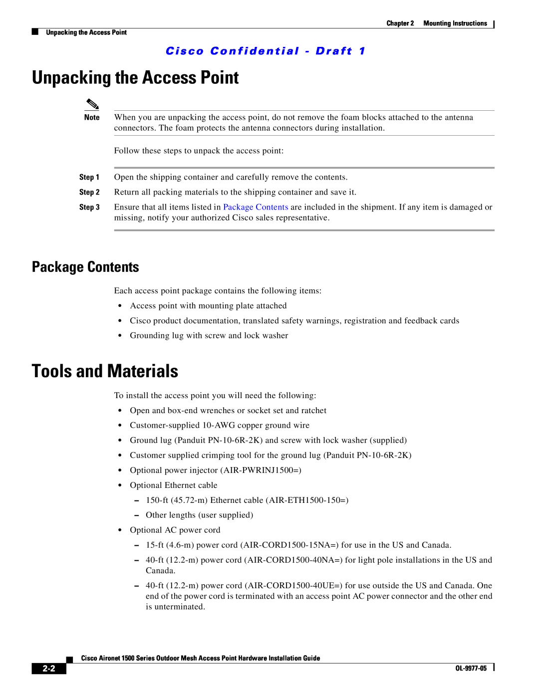 Cisco Systems 1500 Series manual Unpacking the Access Point, Tools and Materials, Package Contents 