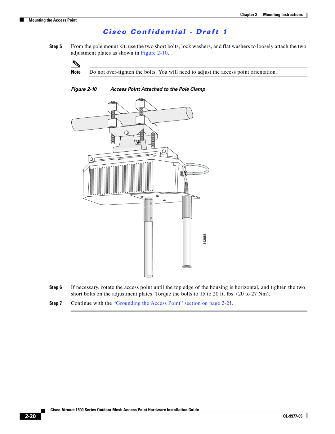 Cisco Systems 1500 Series 2-20, C i s c o C o n f i d e n t i a l - D r a ft, 10 Access Point Attached to the Pole Clamp 
