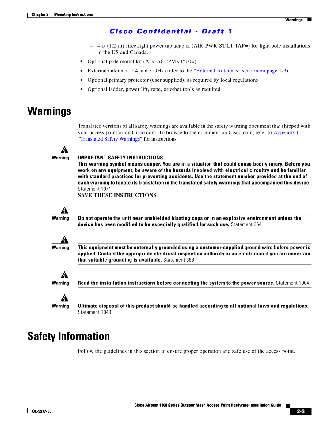 Cisco Systems 1500 Series manual Warnings, Safety Information, Save These Instructions 