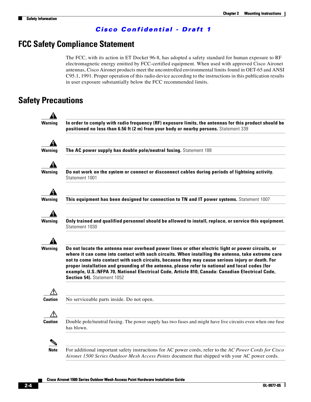 Cisco Systems 1500 Series manual FCC Safety Compliance Statement, Safety Precautions 