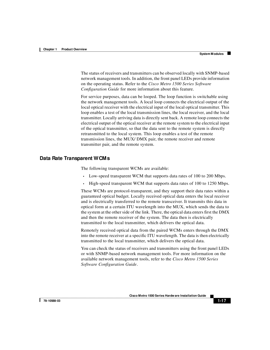 Cisco Systems 1500 manual Data Rate Transparent WCMs 