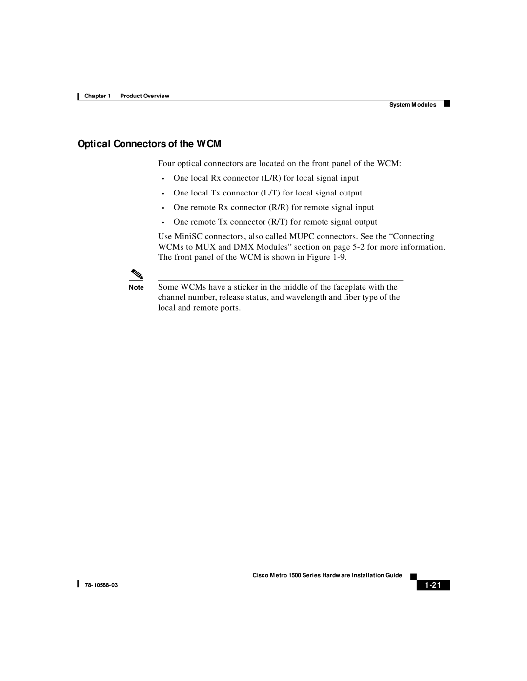 Cisco Systems 1500 manual Optical Connectors of the WCM 