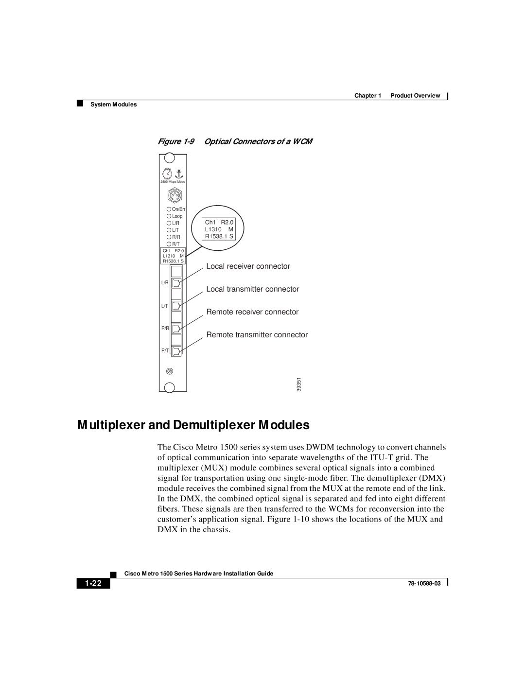 Cisco Systems 1500 manual Multiplexer and Demultiplexer Modules, Optical Connectors of a WCM 