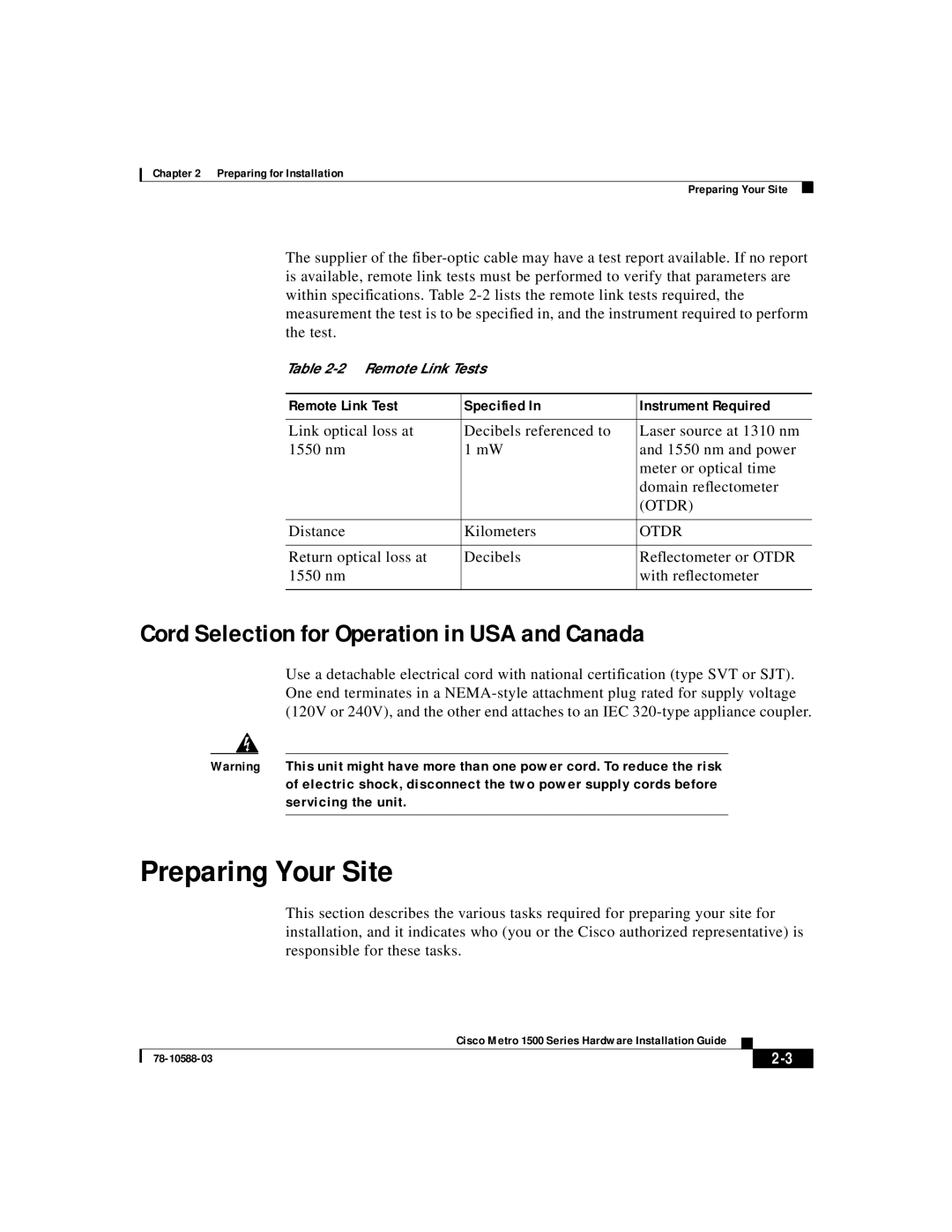 Cisco Systems 1500 manual Preparing Your Site, Cord Selection for Operation in USA and Canada 