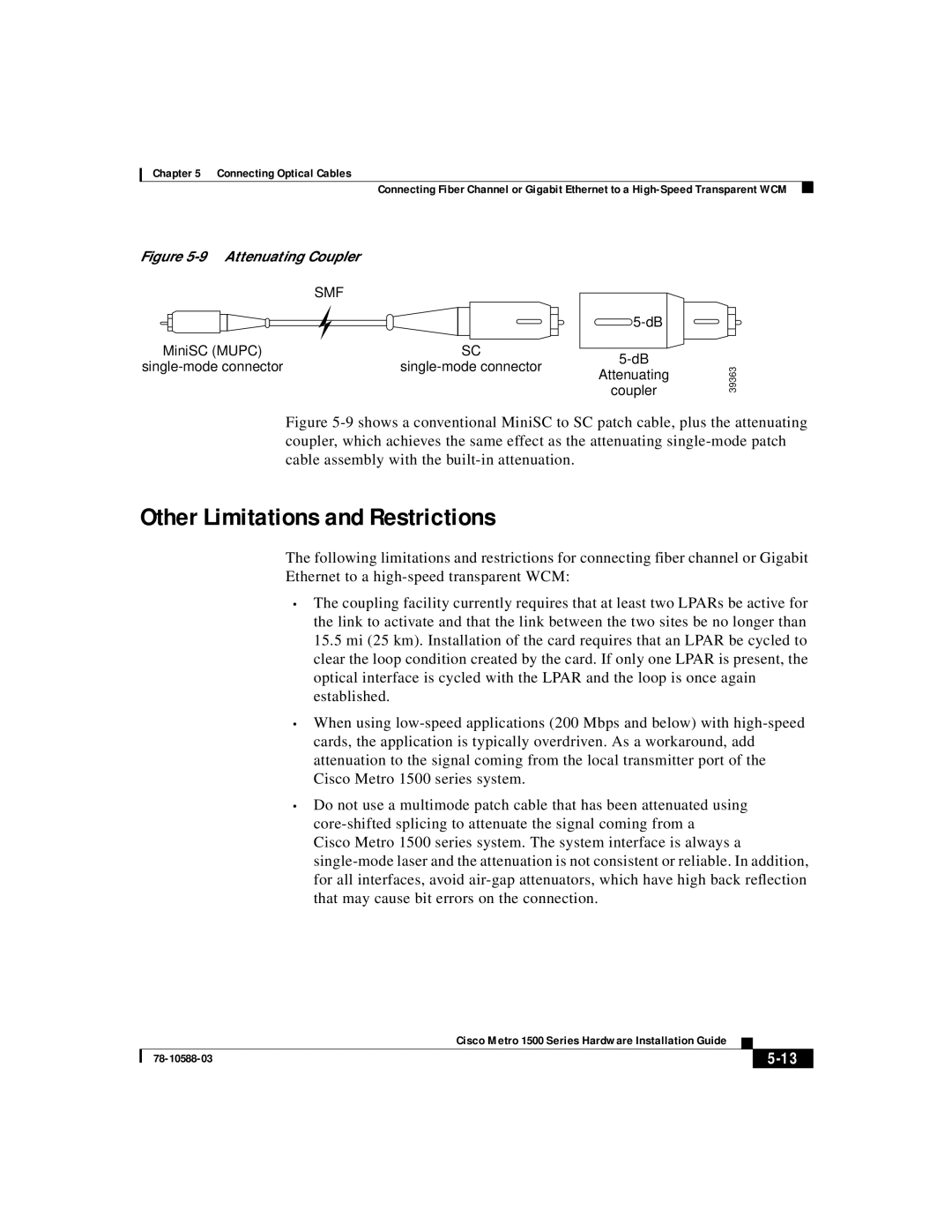 Cisco Systems 1500 manual Other Limitations and Restrictions, 5-13, 9 Attenuating Coupler 