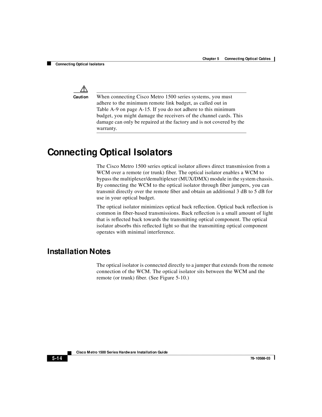 Cisco Systems 1500 manual Connecting Optical Isolators, Installation Notes, 5-14 