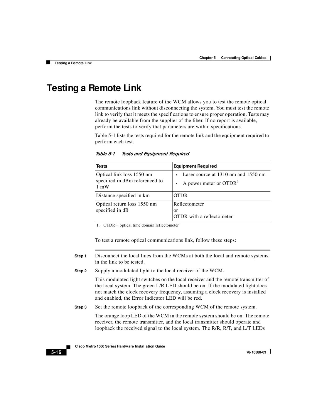 Cisco Systems 1500 manual Testing a Remote Link, Tests, Equipment Required, 5-16 