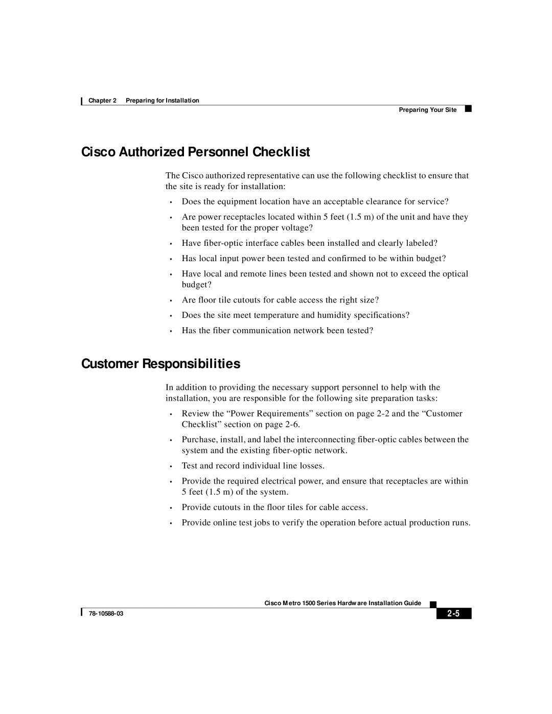 Cisco Systems 1500 manual Cisco Authorized Personnel Checklist, Customer Responsibilities 