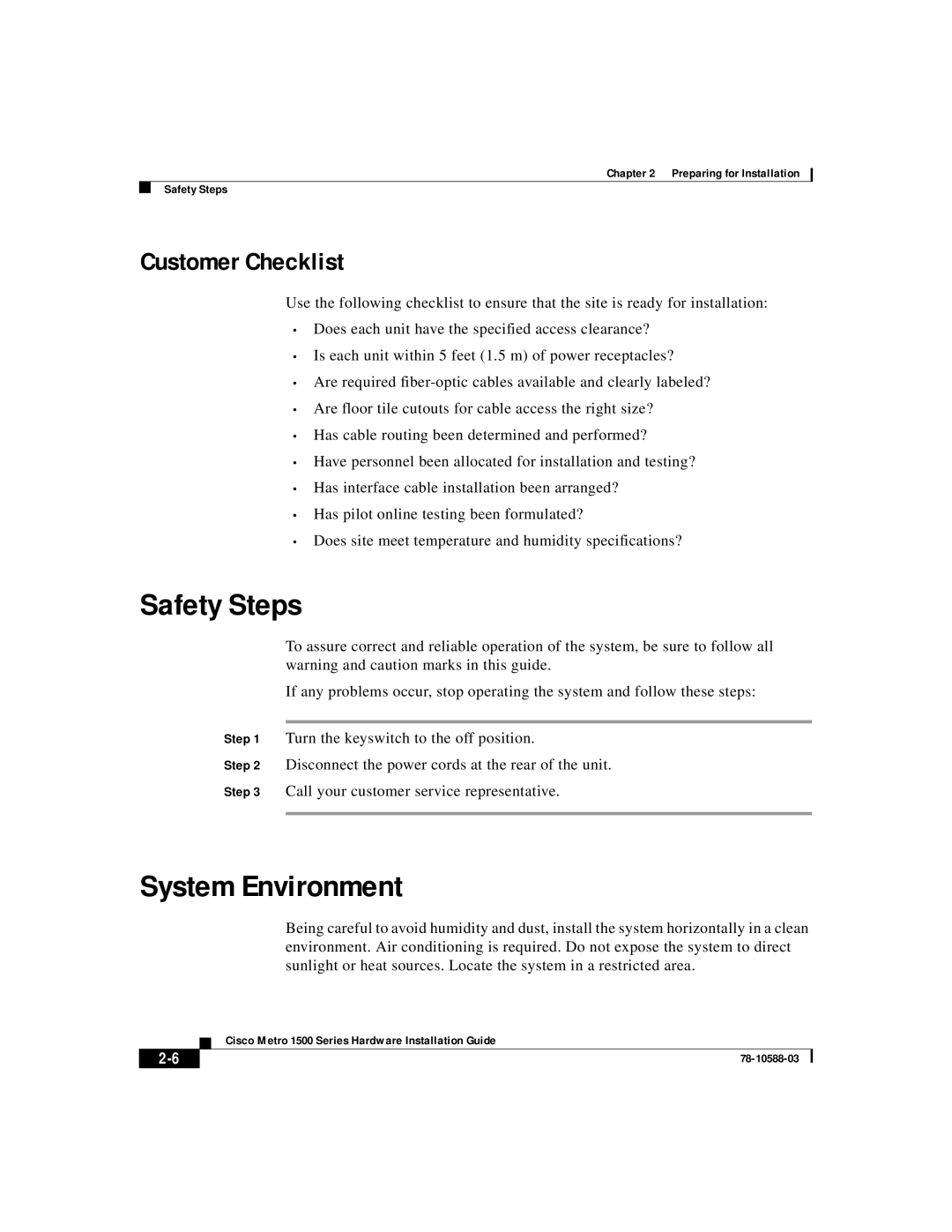Cisco Systems 1500 manual Safety Steps, System Environment, Customer Checklist 