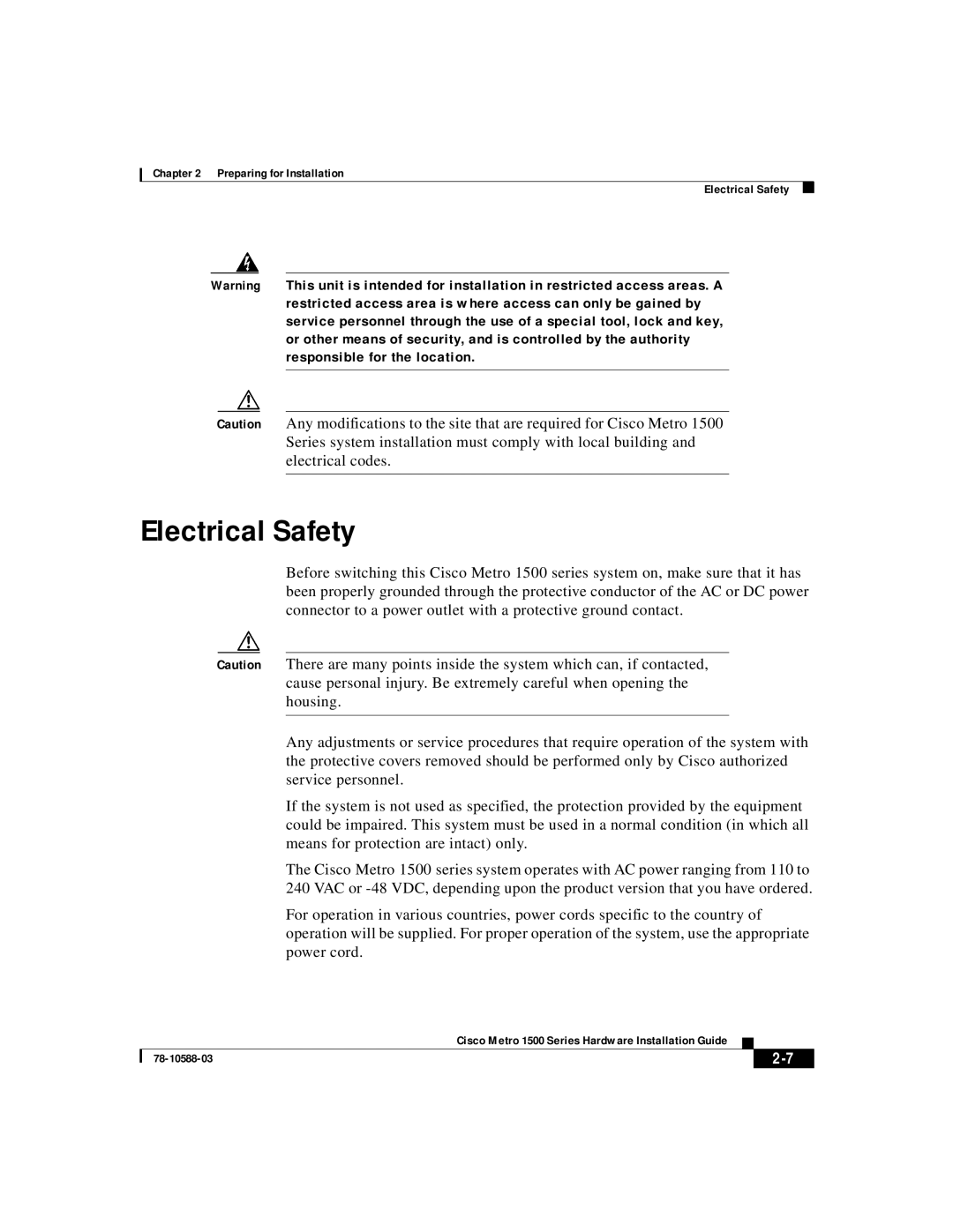 Cisco Systems 1500 manual Electrical Safety, Preparing for Installation 